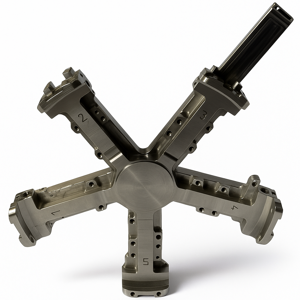 Five arm machined metal component with numbered arms