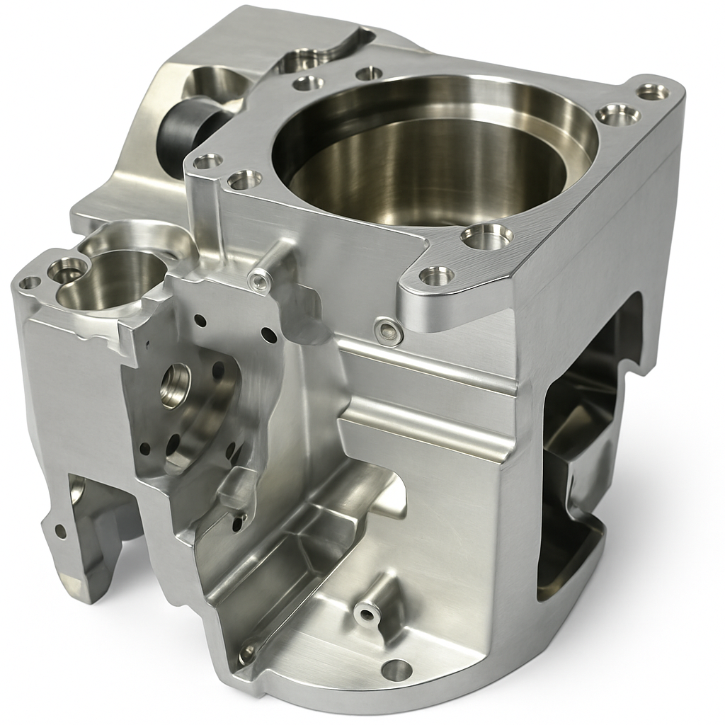Precision machined metal housing block with internal bores