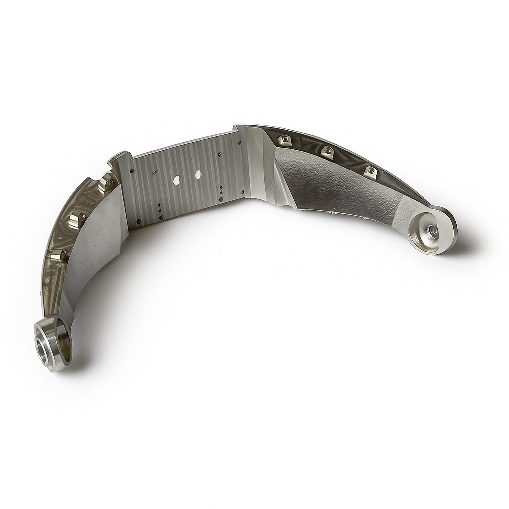Curved machined arm bracket with bushings at both ends