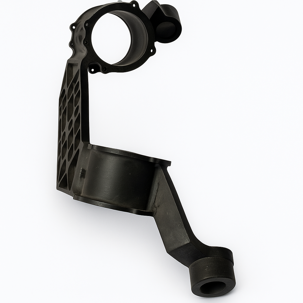 Black machined polymer bracket with ribbed lattice structure