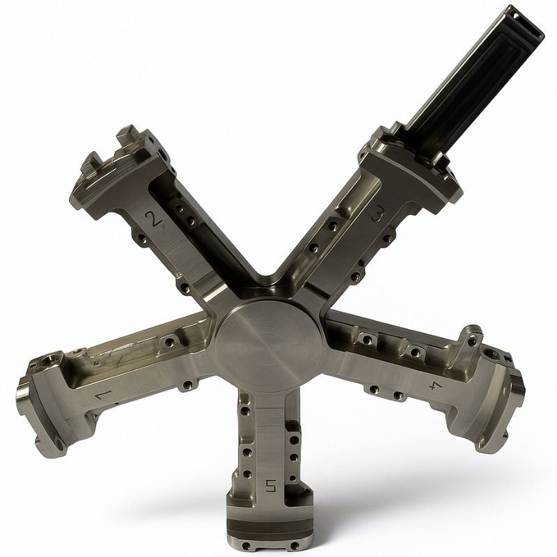 Five arm machining fixture with numbered station arms