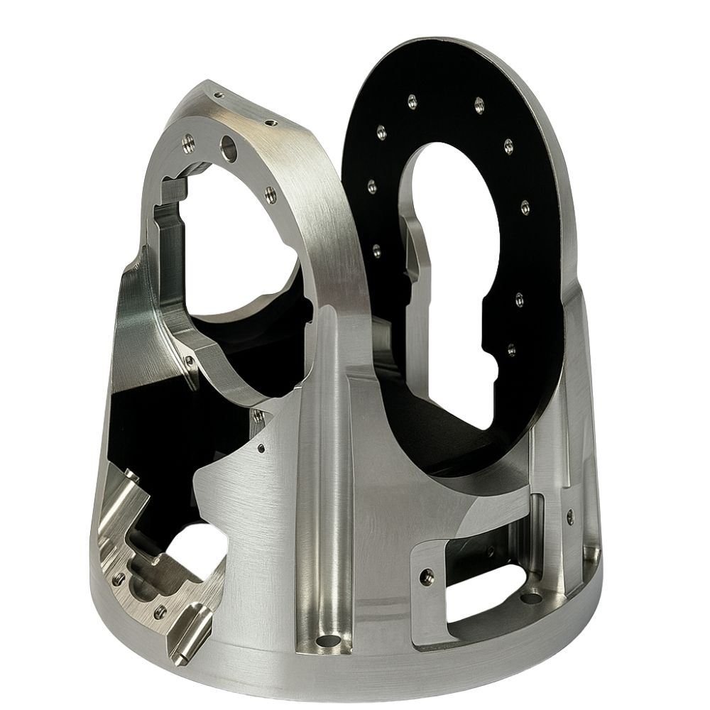 CNC machined conical housing with anodized mounting flange