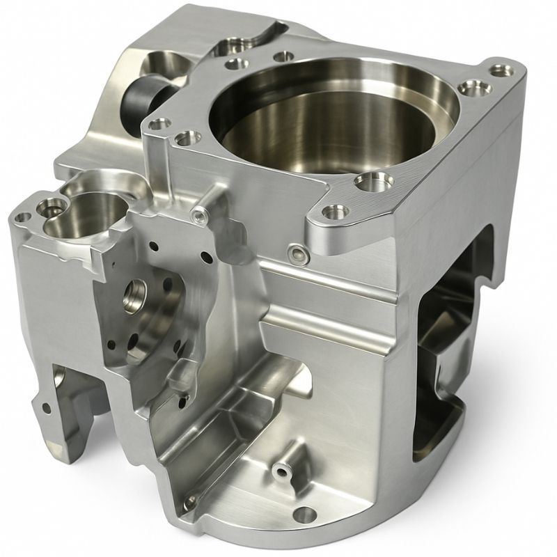 Machined housing block with deep bore and pockets