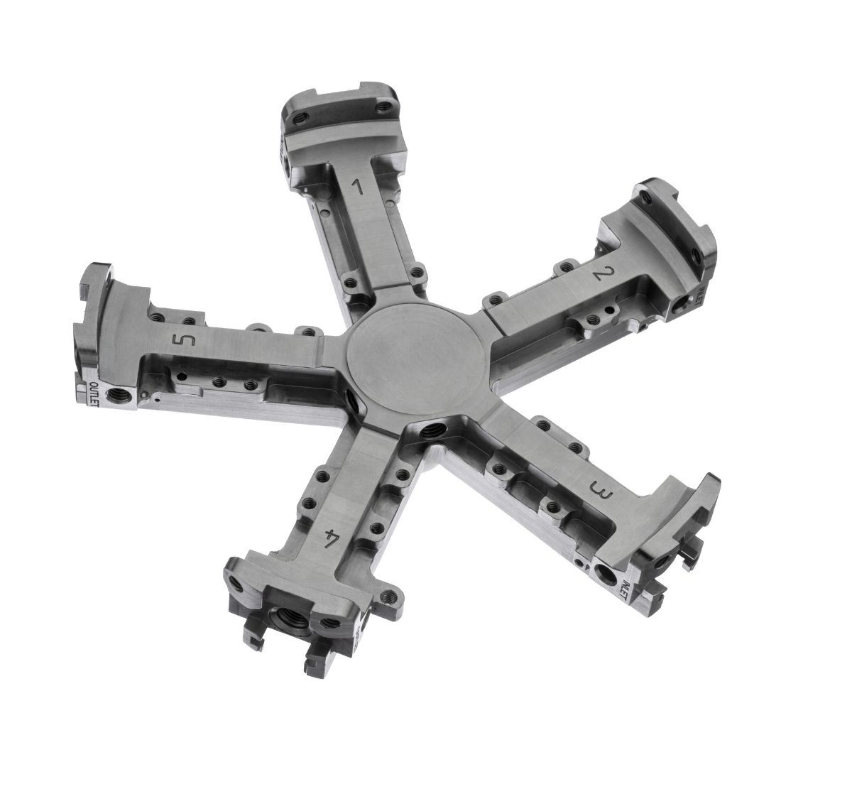 Five arm machining fixture for multi part setups