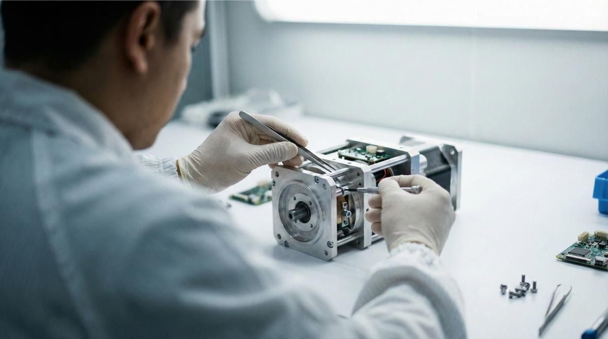 Technician assembling electromechanical motor unit with circuit boards