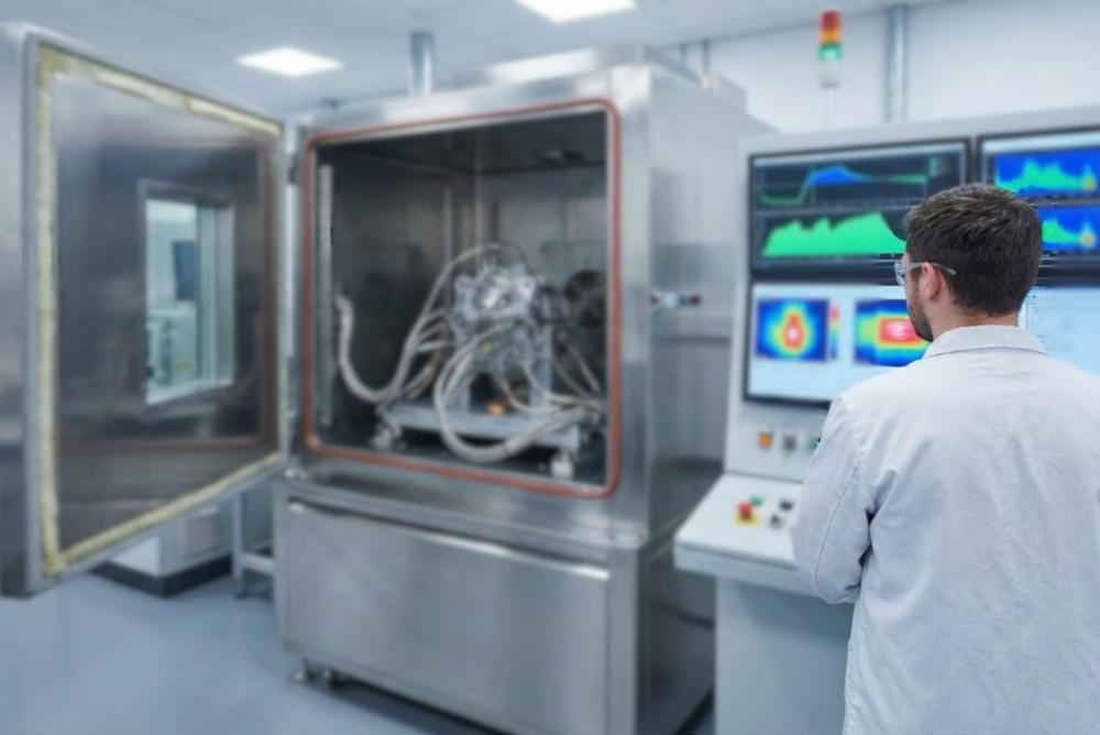 Engineer monitoring a part inside environmental test chamber