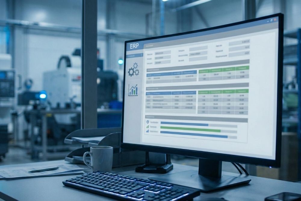 ERP production management dashboard on shop floor monitor