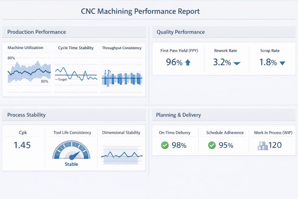 CNC machining performance report with quality and delivery KPIs