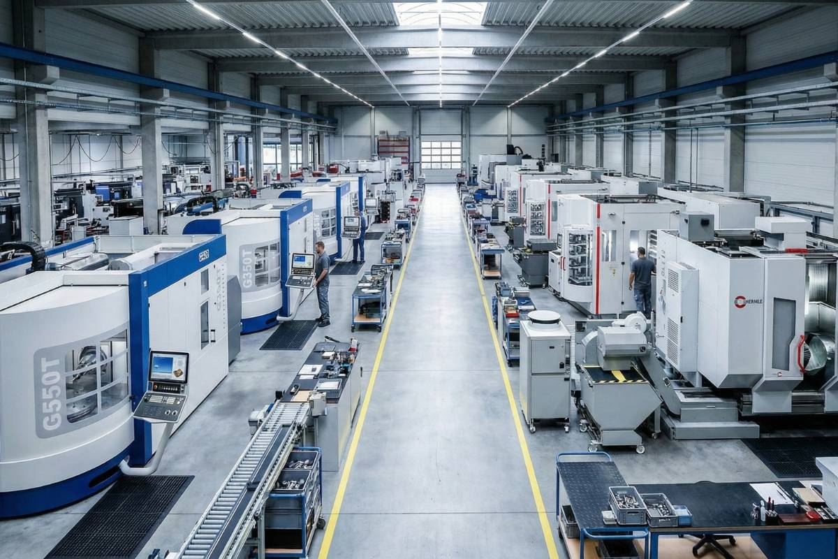 Wide view of the CNC production hall and aisle