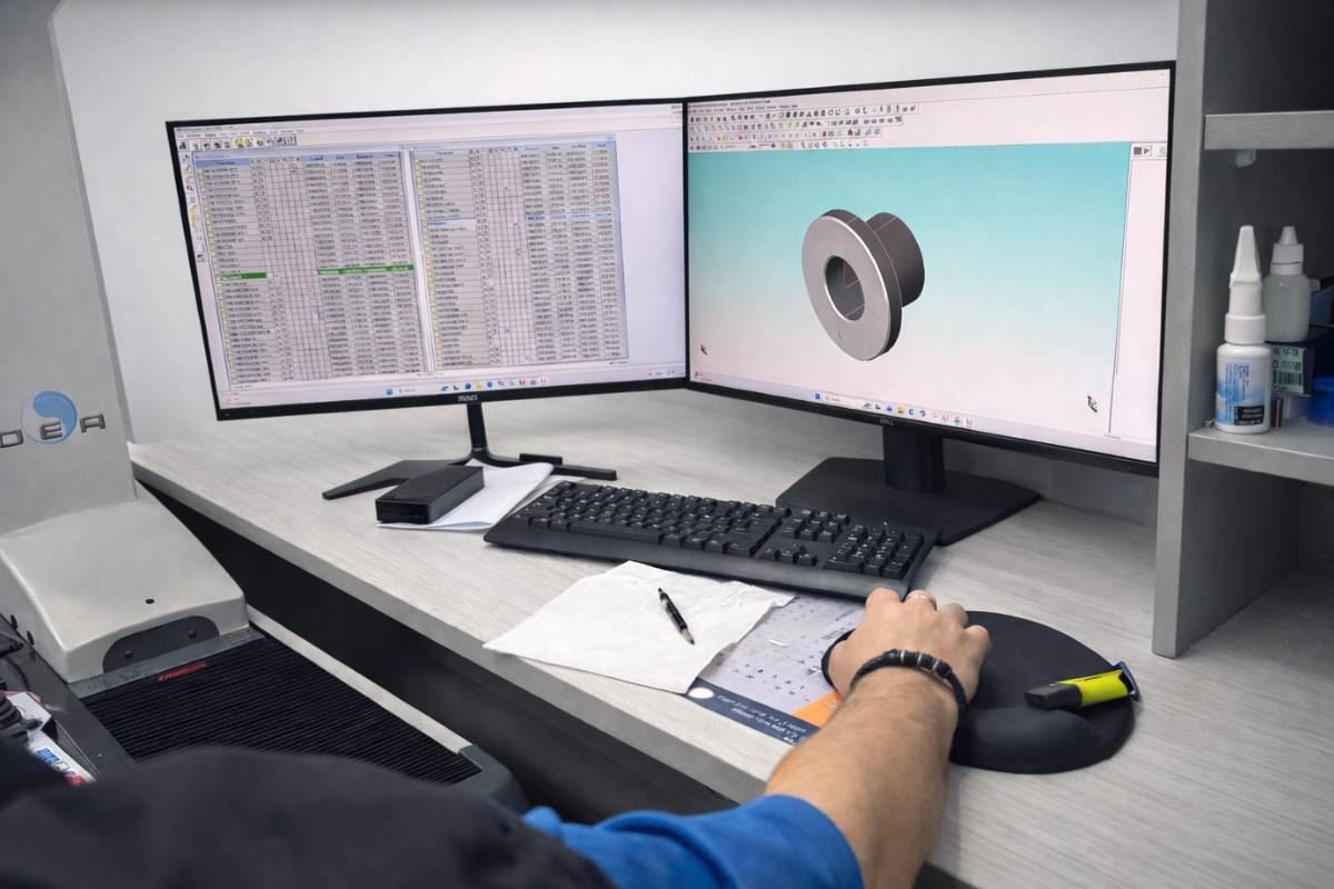 Quality engineer reviewing part data at CAM workstation