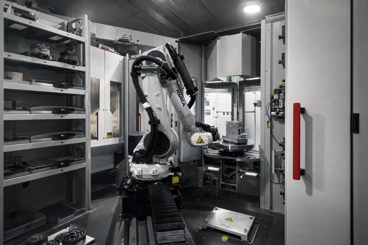 KUKA robot beside machine tool inside automation cell