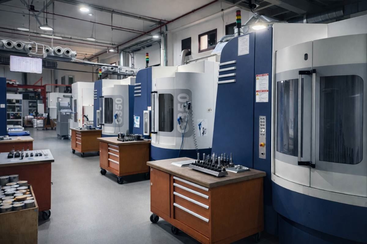 Line of enclosed machining centres in the production hall