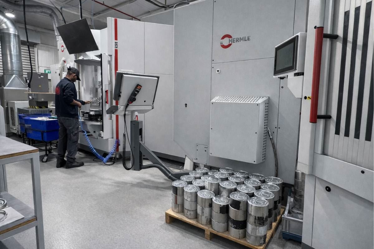 Operator and pallet of finished parts beside machining centre