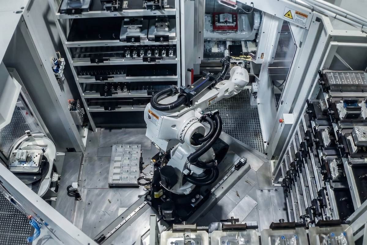 Robotic arm loading pallets inside automated machining cell