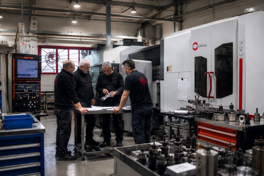 ShvaveyMetal team reviewing a part beside Hermle C 42 U
