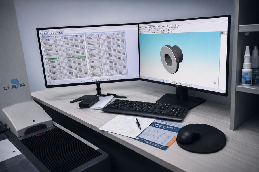 Engineering workstation with CAM software and part model
