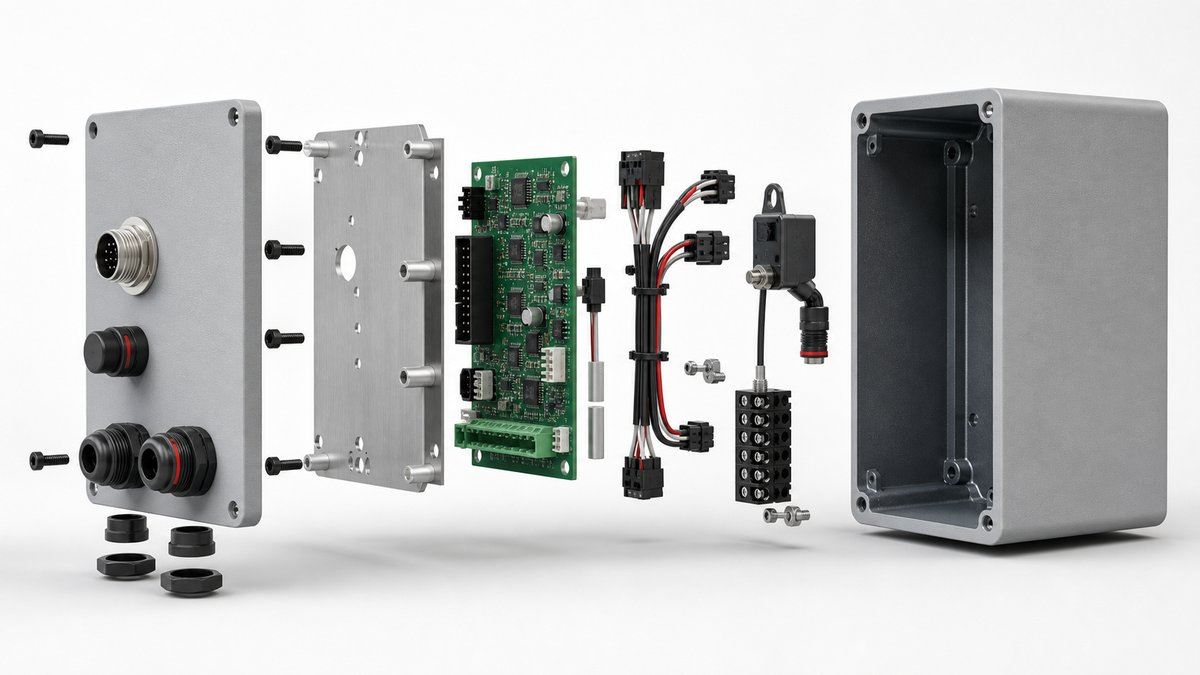 Exploded view of an electromechanical assembly with enclosure, PCB, wiring harness and connectors