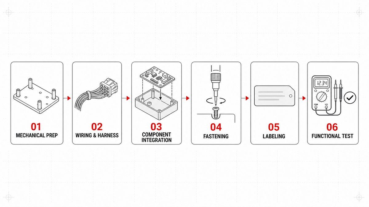 Six-step electromechanical assembly workflow, from mechanical prep to functional test
