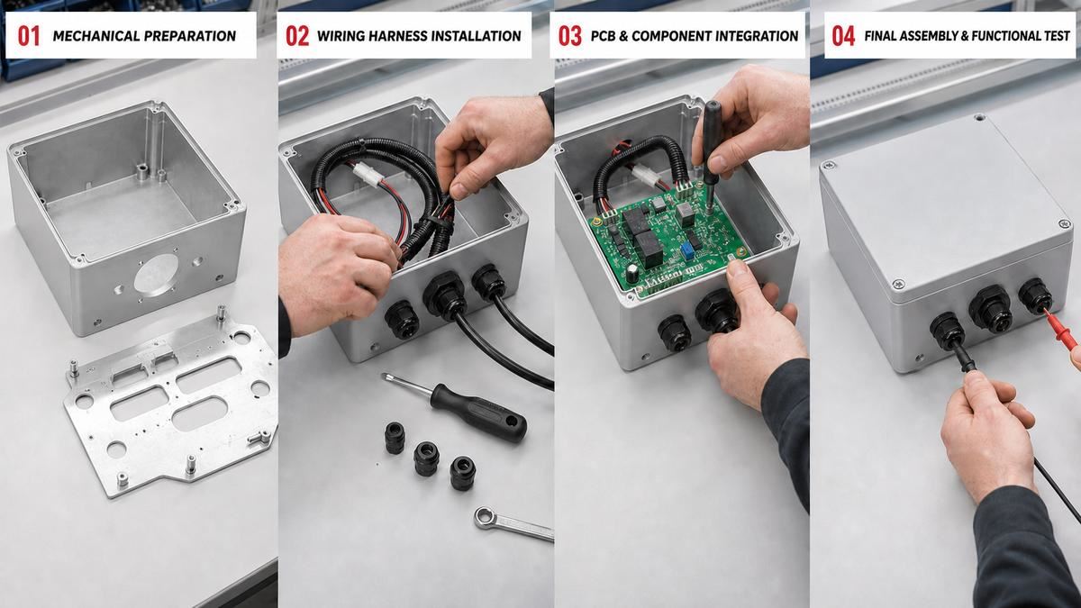 Four stages of electromechanical assembly, from mechanical preparation to functional test