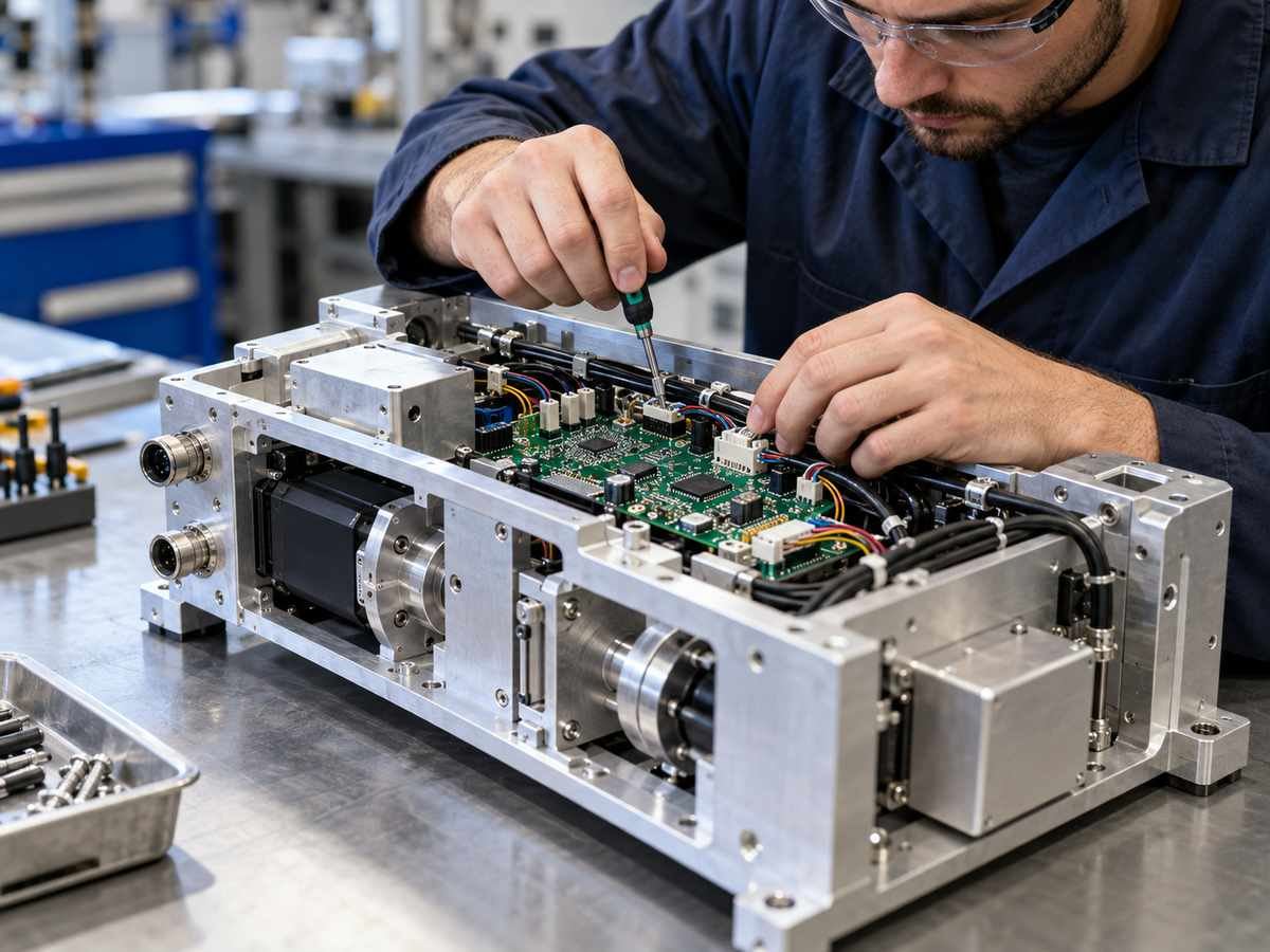 Technician integrating a PCB into a machined aluminum electromechanical assembly